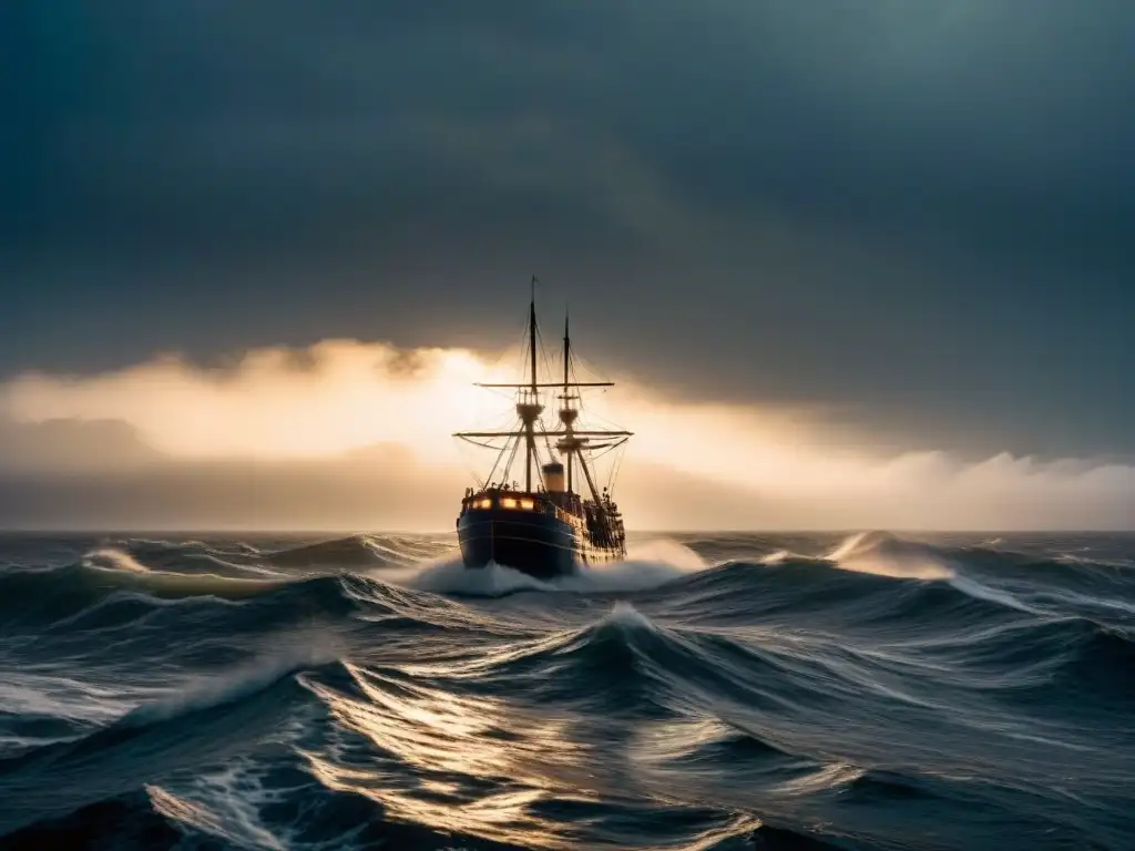 Un barco vintage apenas visible entre la densa niebla en una noche tormentosa en alta mar