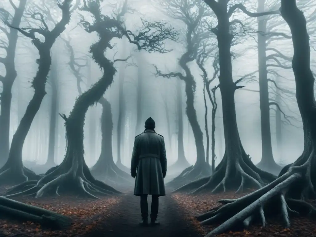 Un bosque denso y misterioso envuelto en niebla, con figuras tenebrosas y una estructura ominosa que evoca 'El proyecto de la bruja de Blair'