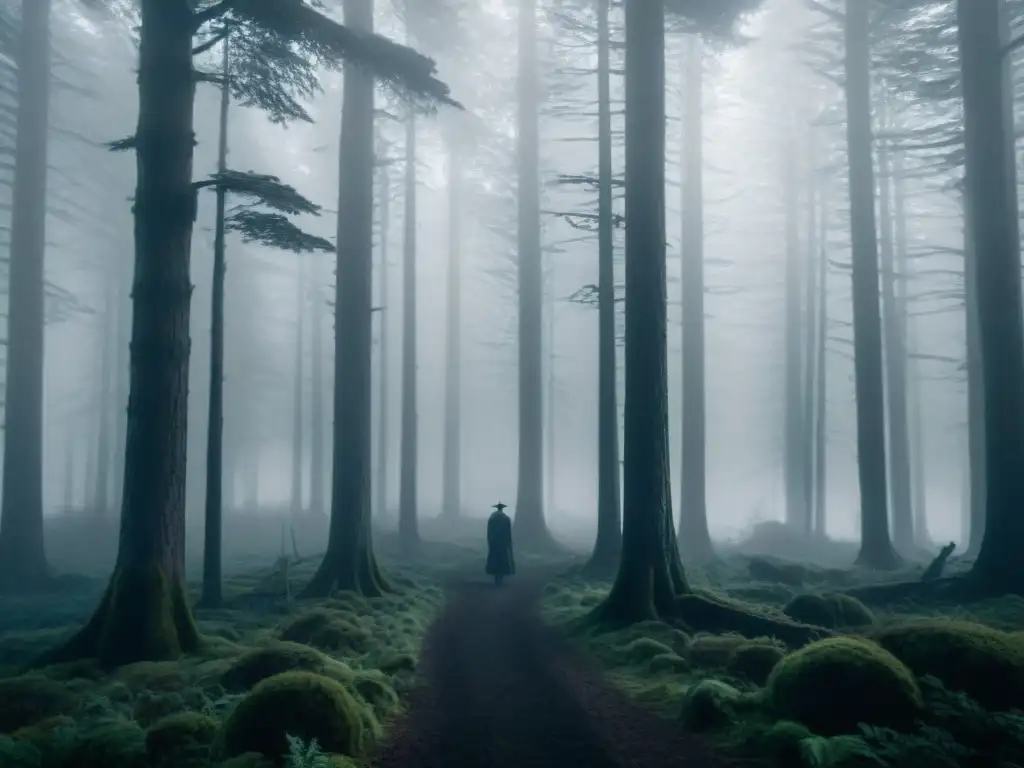 Un bosque denso y misterioso envuelto en neblina, con figuras sombrías entre los árboles, evocando el legado detectives televisión de Twin Peaks