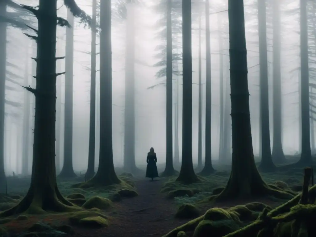 Un bosque denso y misterioso envuelto en niebla en 'El proyecto de la bruja de Blair', con figuras sombrías entre la oscuridad