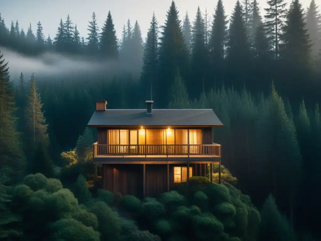 Un bosque denso y misterioso de noche, con cabaña iluminada en la neblina