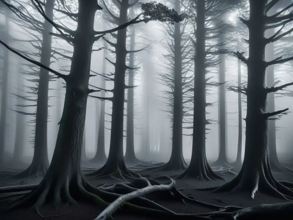 Un bosque denso y ominoso de noche, envuelto en neblina y sombras, evocando el proyecto de la bruja de Blair