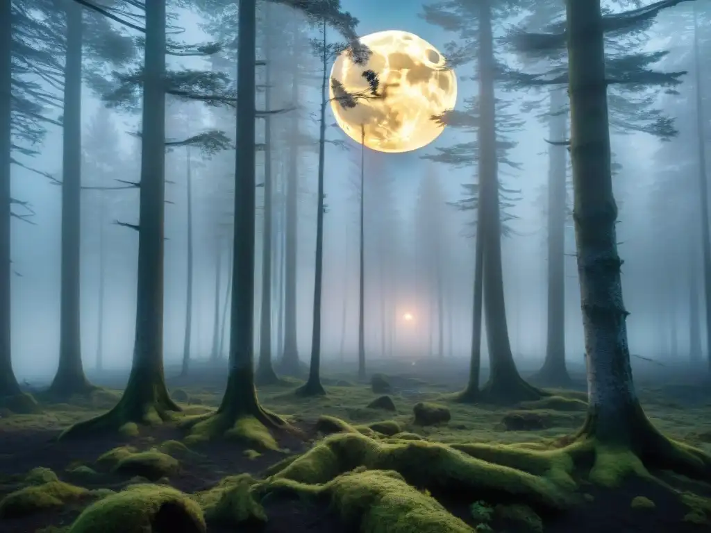 Un bosque escandinavo desolado de noche, iluminado por la luna llena y envuelto en neblina