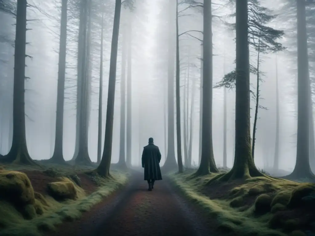 Un bosque escandinavo envuelto en niebla, con árboles altos y sombras misteriosas