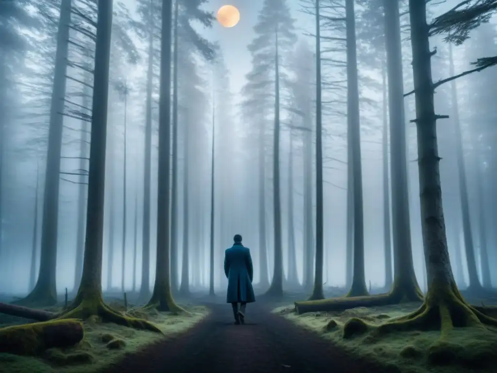 Misterio en el bosque escandinavo: Luna y sombras Un bosque escandinavo misterioso en la noche, iluminado por la luz de la luna