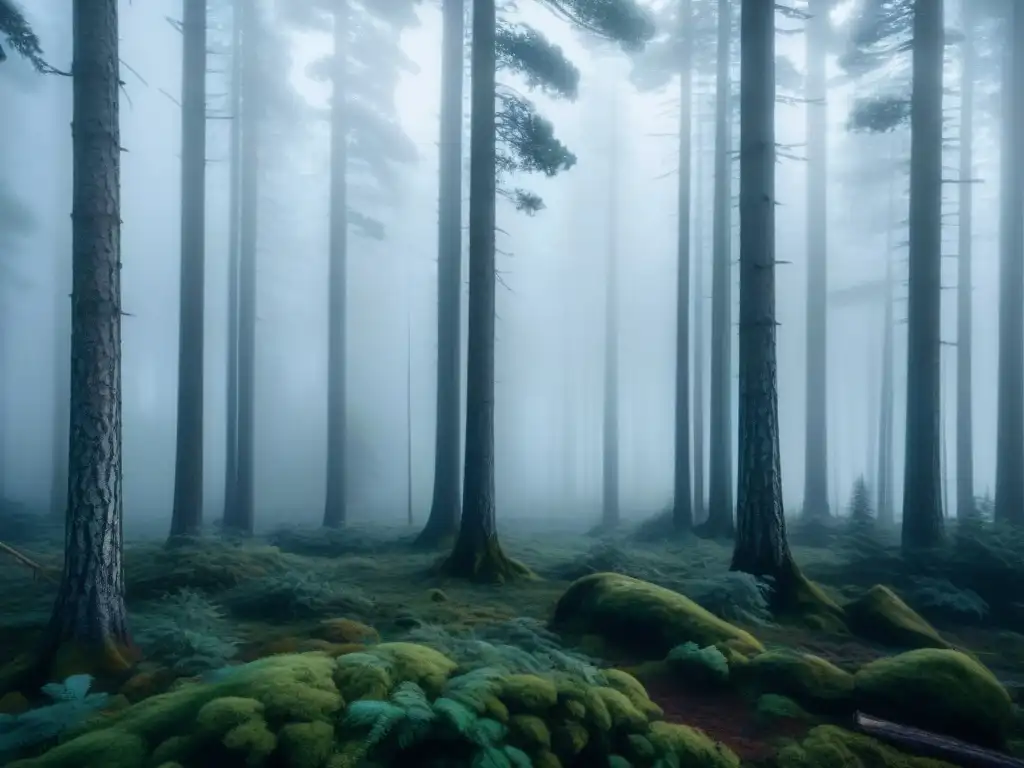 Un bosque escandinavo misterioso y sombrío de noche, con altos pinos proyectando sombras inquietantes