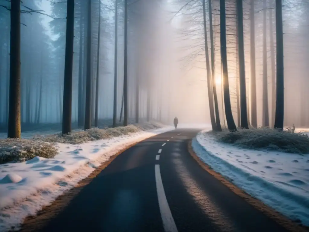 Un bosque escandinavo oscuro y nevado de noche, iluminado por la luz fantasmal de una farola solitaria, con huellas que se pierden en la niebla