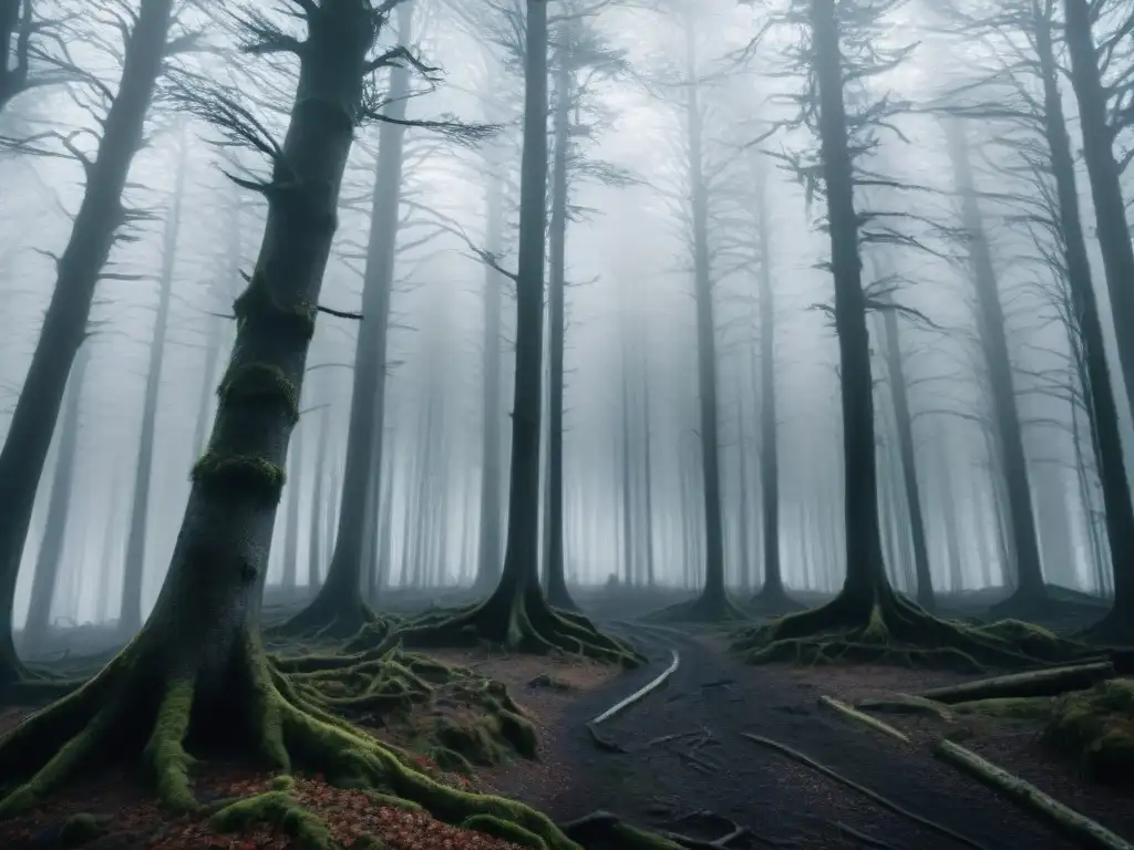 Un bosque sombrío y misterioso envuelto en niebla, evocando la atmósfera de 'El Proyecto de la Bruja de Blair'