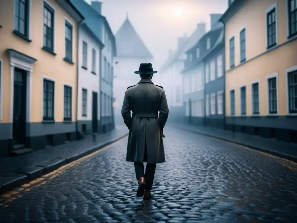 Misterioso paseo nocturno por una calle de adoquines en Escandinavia Una calle adoquinada escandinava en la noche con niebla, un coche negro vintage bajo una farola parpadeante