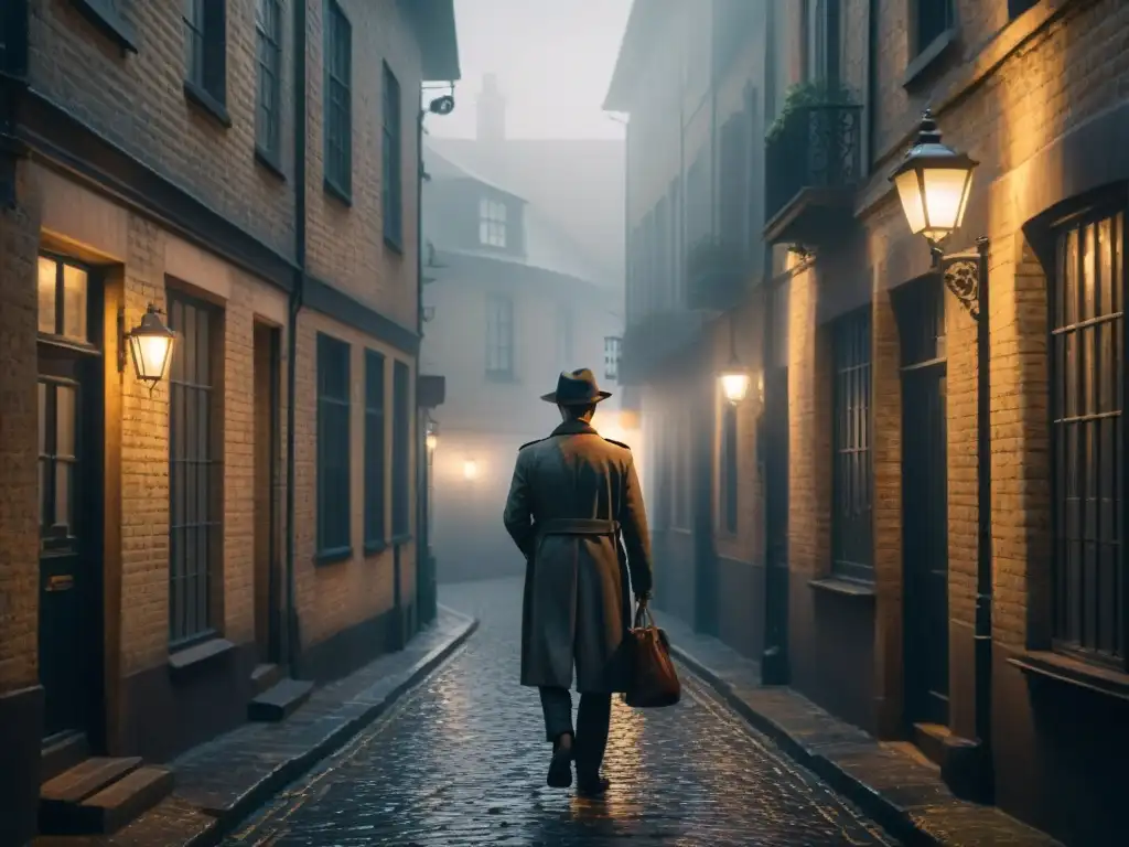 Alleyway noir: detective en la niebla Un callejón adoquinado en penumbra, envuelto en niebla, con un detective investigando