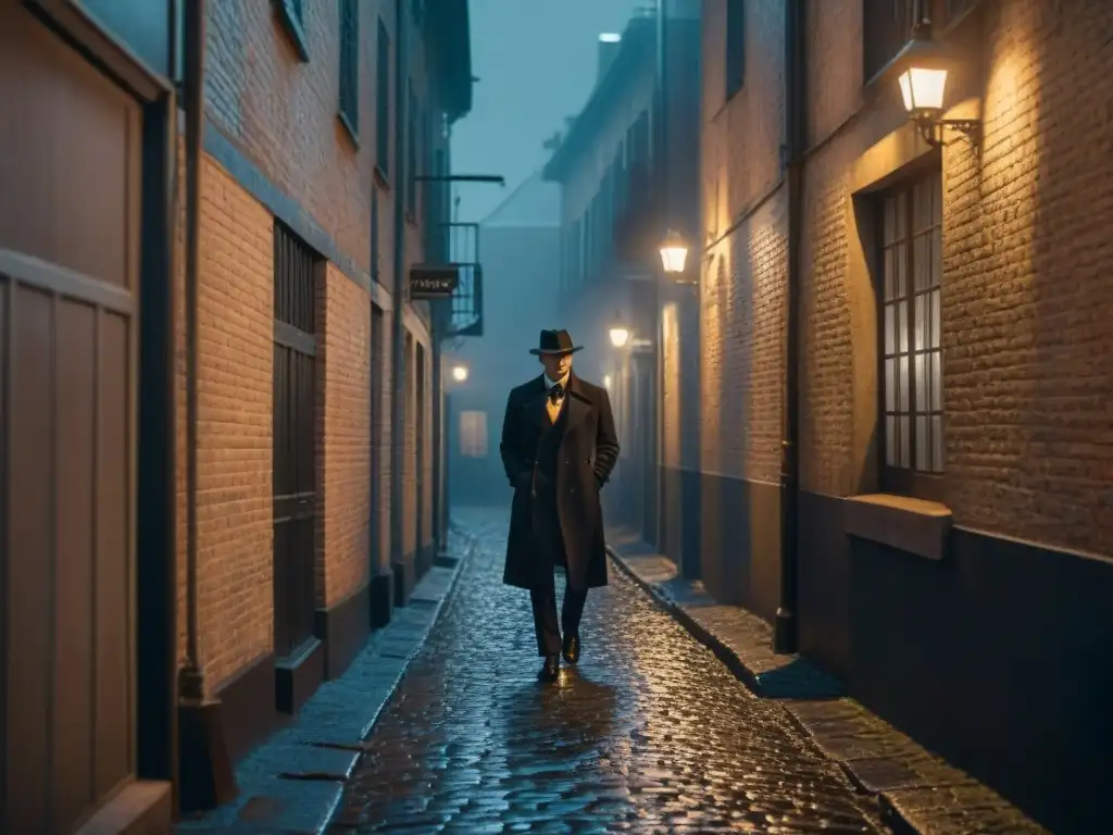 Un callejón desértico de ciudad en blanco y negro, iluminado por una tenue farola