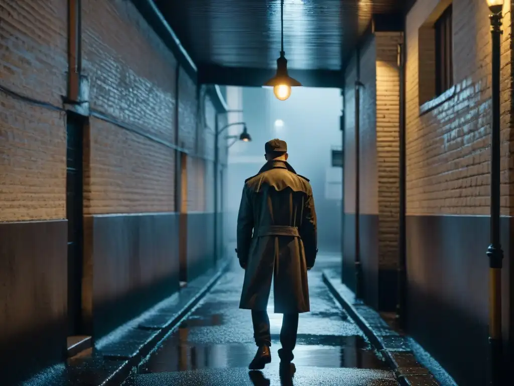 Un callejón empapado de lluvia en estilo film noir, con figura misteriosa bajo la luz de la calle