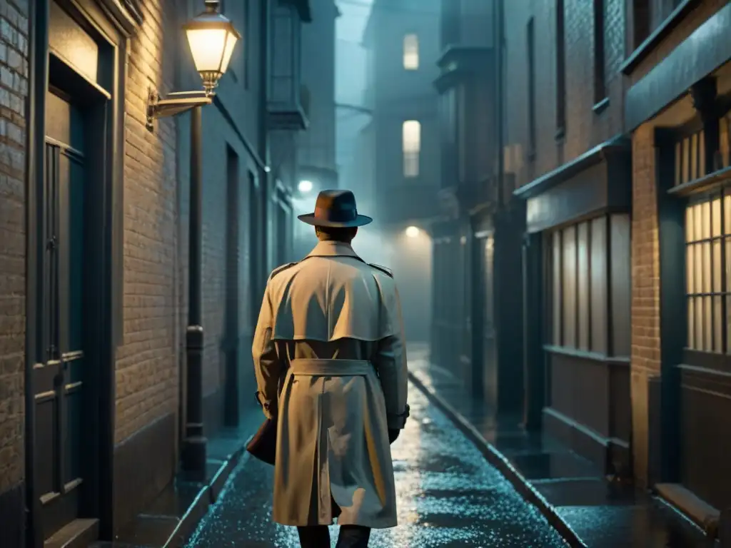 Un callejón empapado por la lluvia en estilo Film Noir en blanco y negro, con un misterioso detective