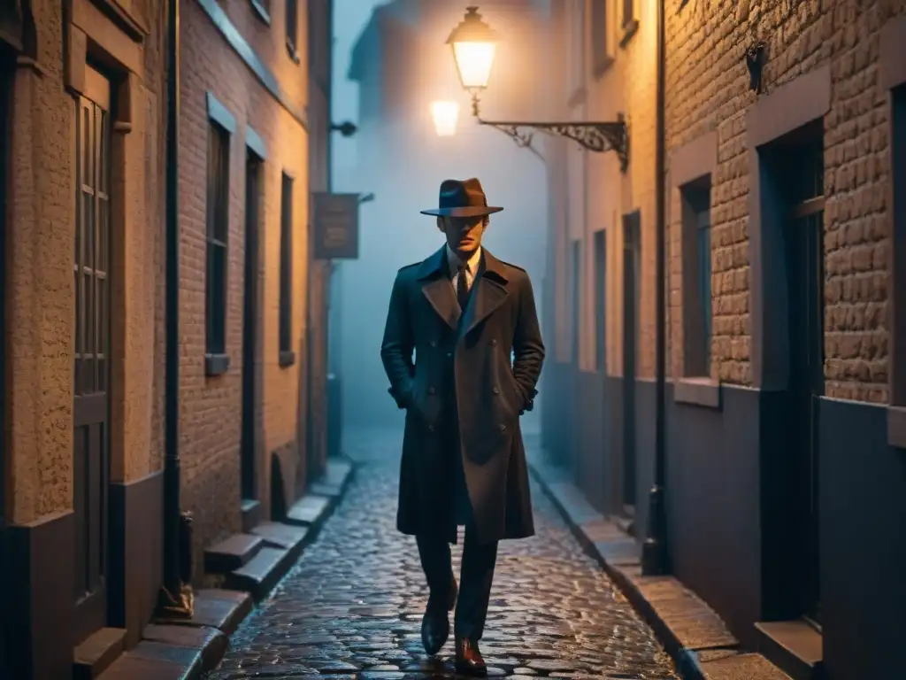 Un callejón empedrado mal iluminado de noche, envuelto en niebla con una lámpara parpadeante que proyecta sombras siniestras