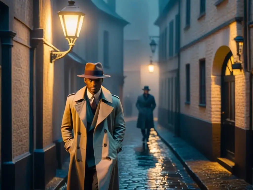 Un callejón empedrado en la noche con neblina, una lámpara antigua iluminando