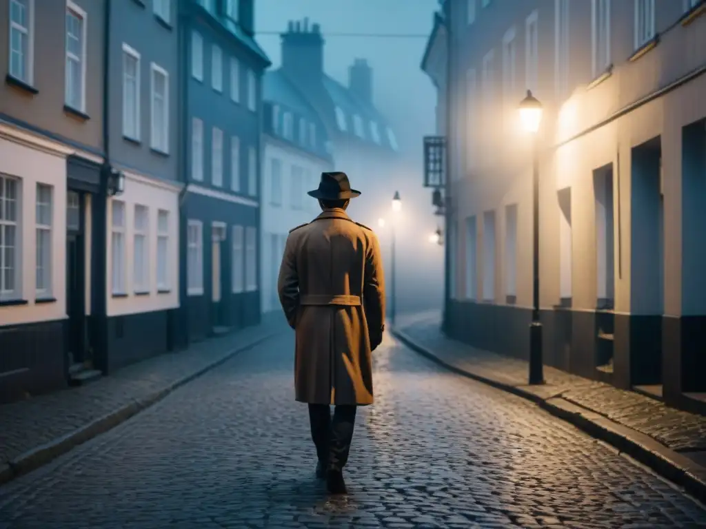 Alleyway misterioso en ciudad escandinava: sombras y misterio nocturno Un callejón escandinavo misterioso de noche, con neblina y una figura en la distancia