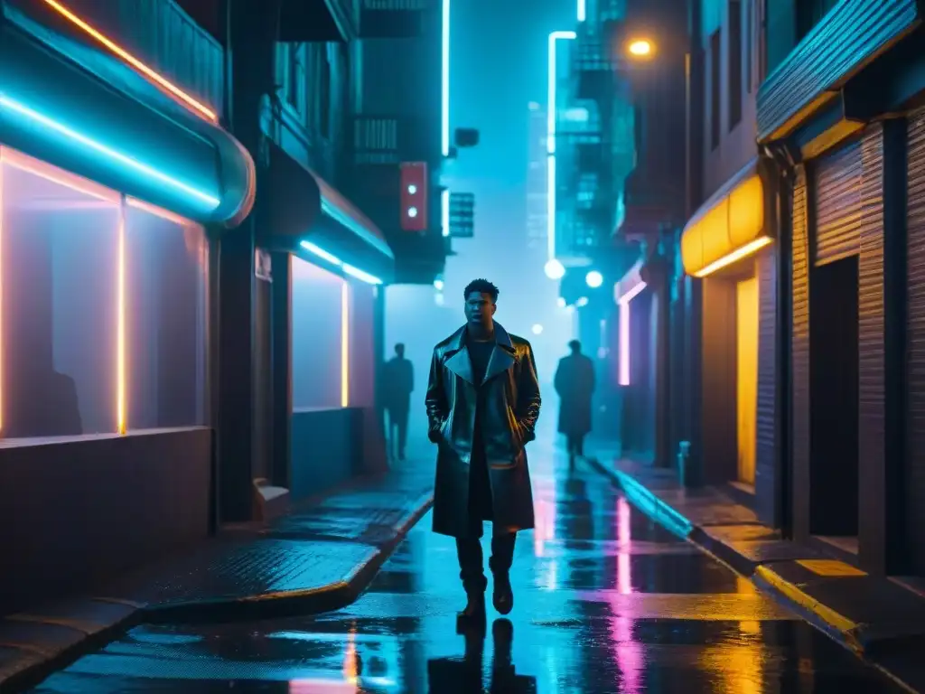 Un callejón futurista iluminado por luces de neón, sombras misteriosas y ambiente de ciencia ficción