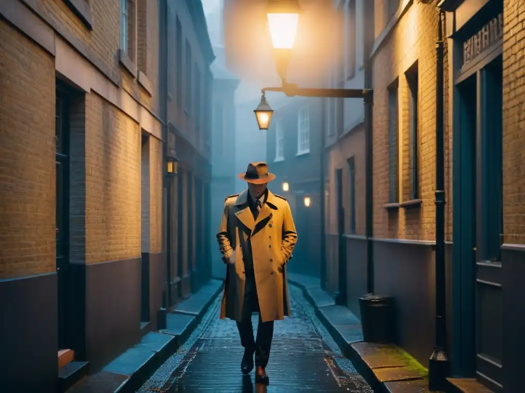 Un callejón londinense poco iluminado, envuelto en niebla y sombras, con una figura solitaria en gabardina y fedora bajo una farola titilante