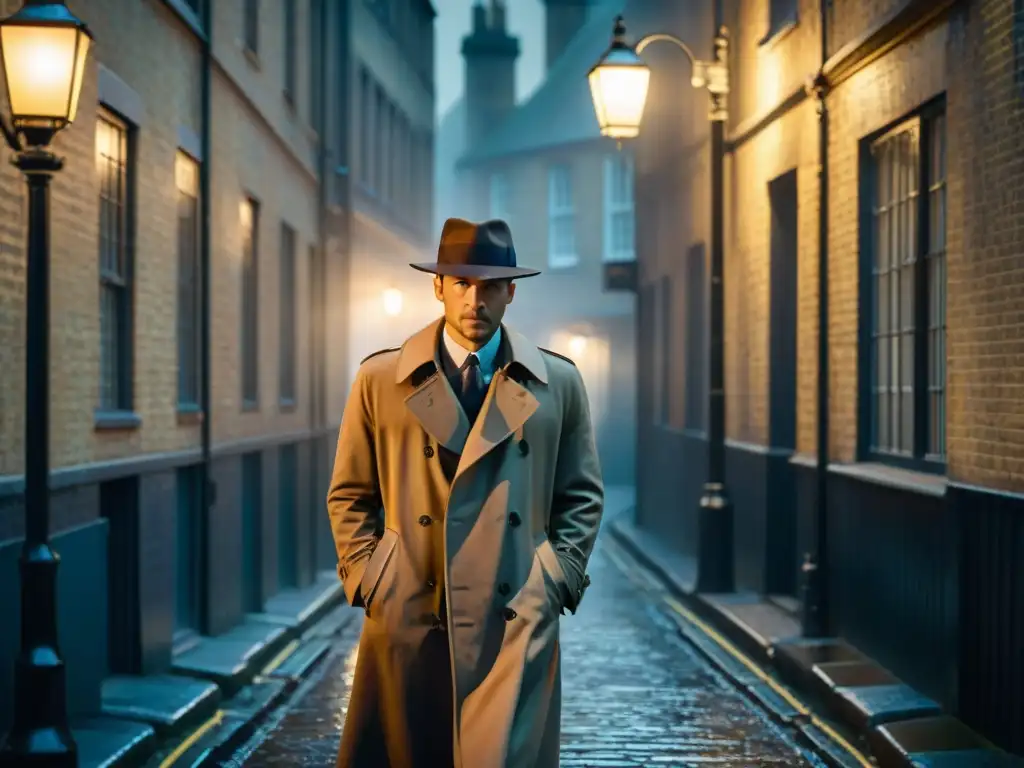 Un callejón londinense en la neblina, iluminado por faroles vintage