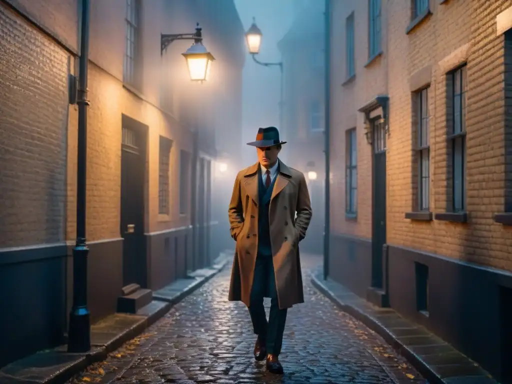 Un callejón londinense oscuro en una noche de niebla, con una lámpara de calle vintage iluminando el camino empedrado