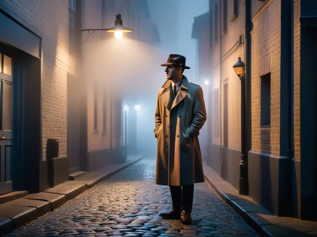 En un callejón lúgubre, la figura solitaria bajo la luz de la farola evoca el suspense de un thriller psicológico de Alfred Hitchcock