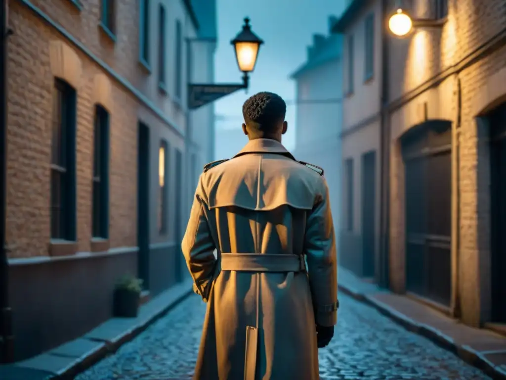 Un callejón misterioso en blanco y negro con una figura bajo la luz de la farola, creando un equilibrio de romance y misterio cinematográfico