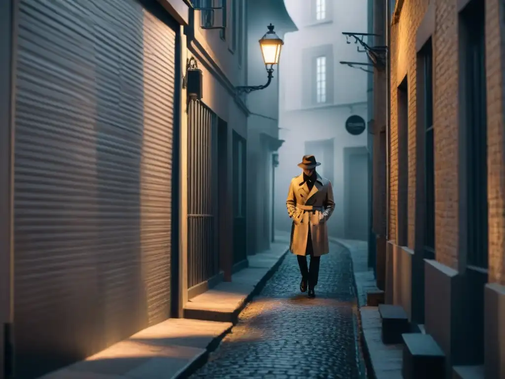 Un callejón misterioso en blanco y negro con una figura solitaria bajo la luz de la farola, evocando un escenario de Cine Noir