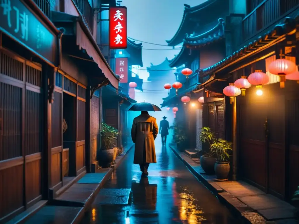 Un callejón misterioso en una ciudad asiática, iluminado por letreros de neon en chino y japonés