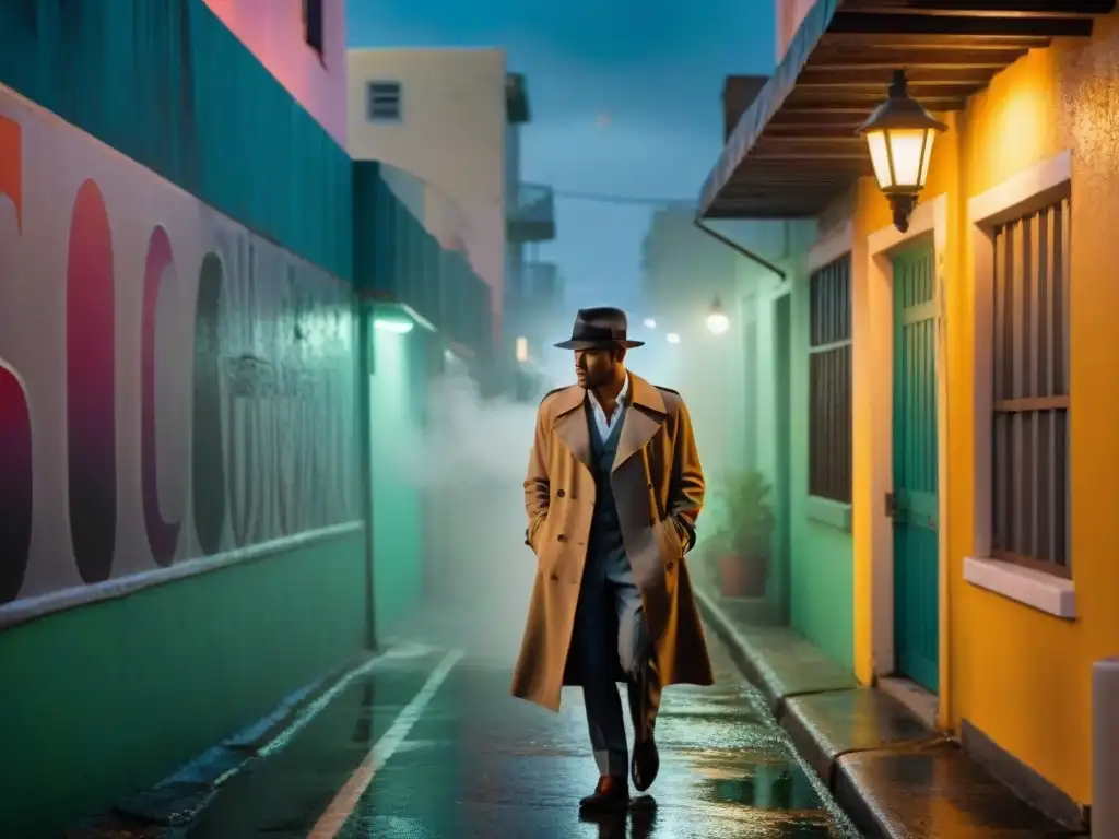 Un callejón misterioso de Little Havana, Miami, con detectives icónicos en Miami, en un ambiente de film noir