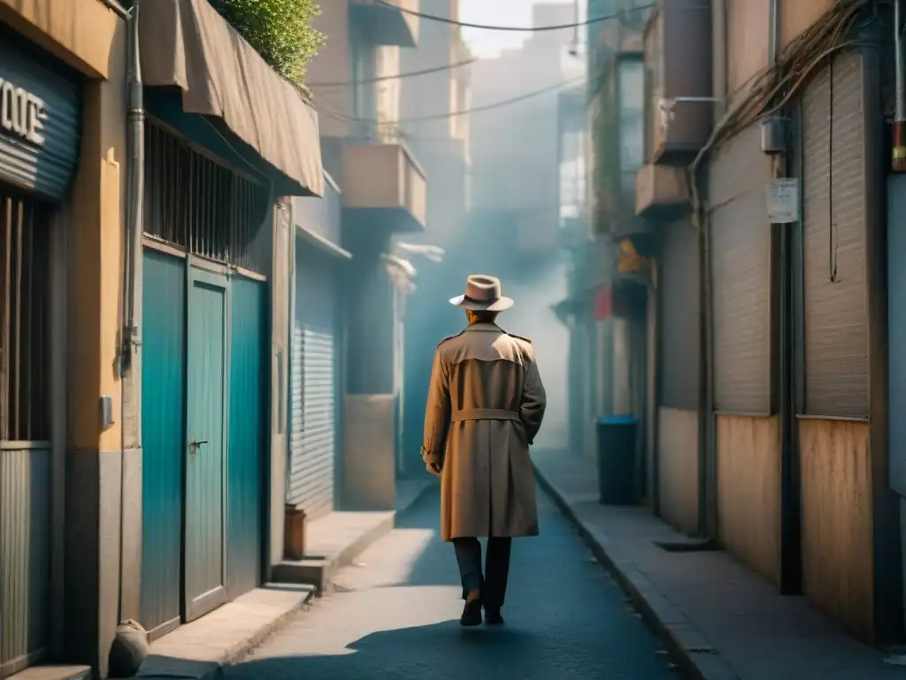 Un callejón misterioso en Teherán envuelto en neblina, con una figura en la sombra