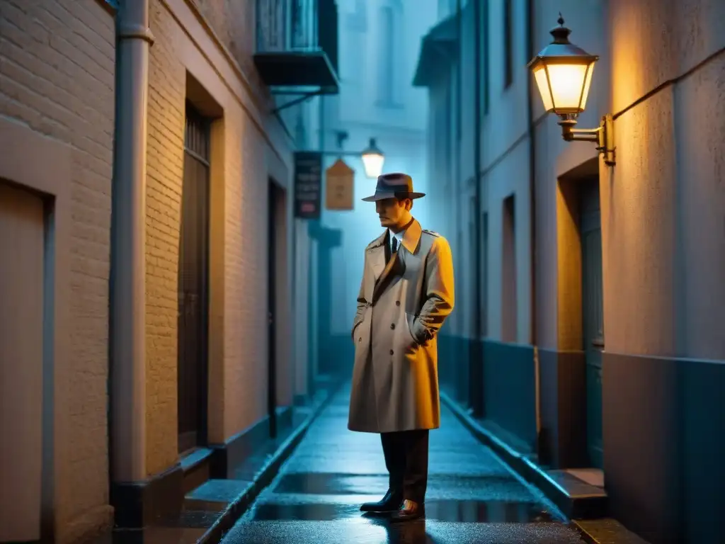 Un callejón misterioso con una figura solitaria bajo la luz de la farola, en una escena digna de las películas de culto de novelas de misterio