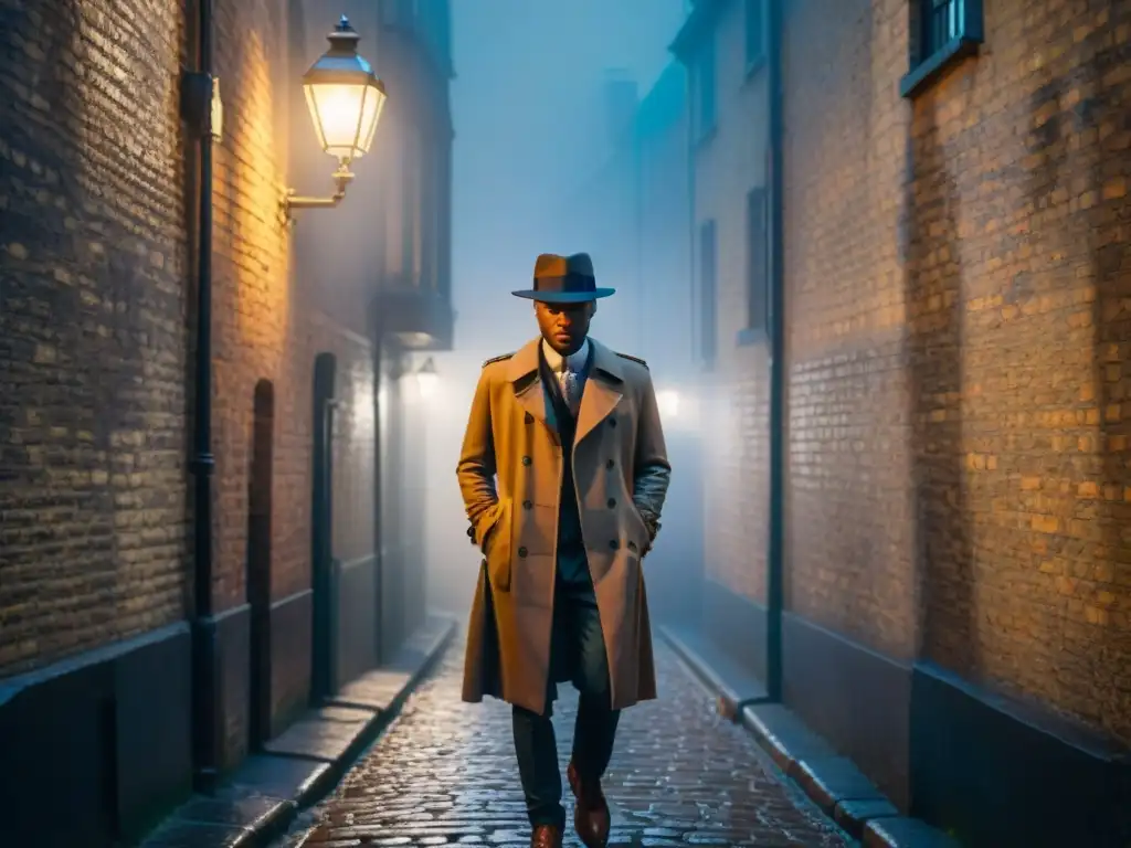 Un callejón misterioso de Londres iluminado por una farola, creando una atmósfera de suspense y misterio