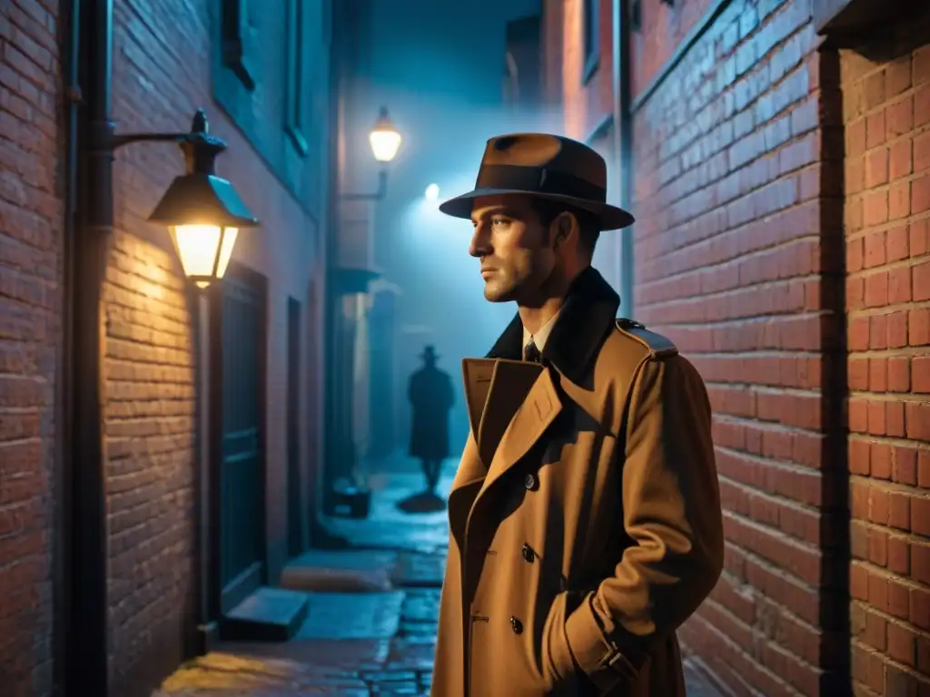 Un callejón misterioso iluminado por luces de neón, con una figura en sombra evocando el género detectives en 'Expediente X'