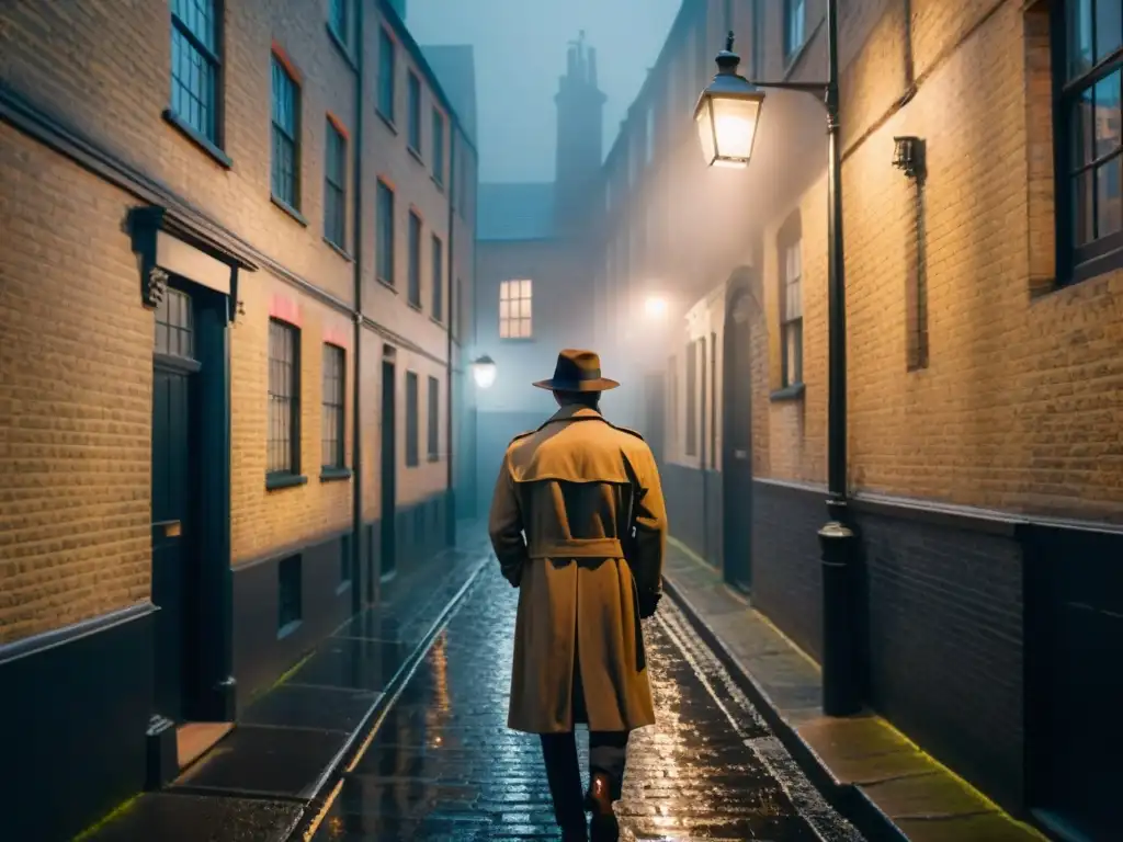 Un callejón misterioso de Londres en la neblina, con una figura sombría y un sombrero, en la estética del cine noir