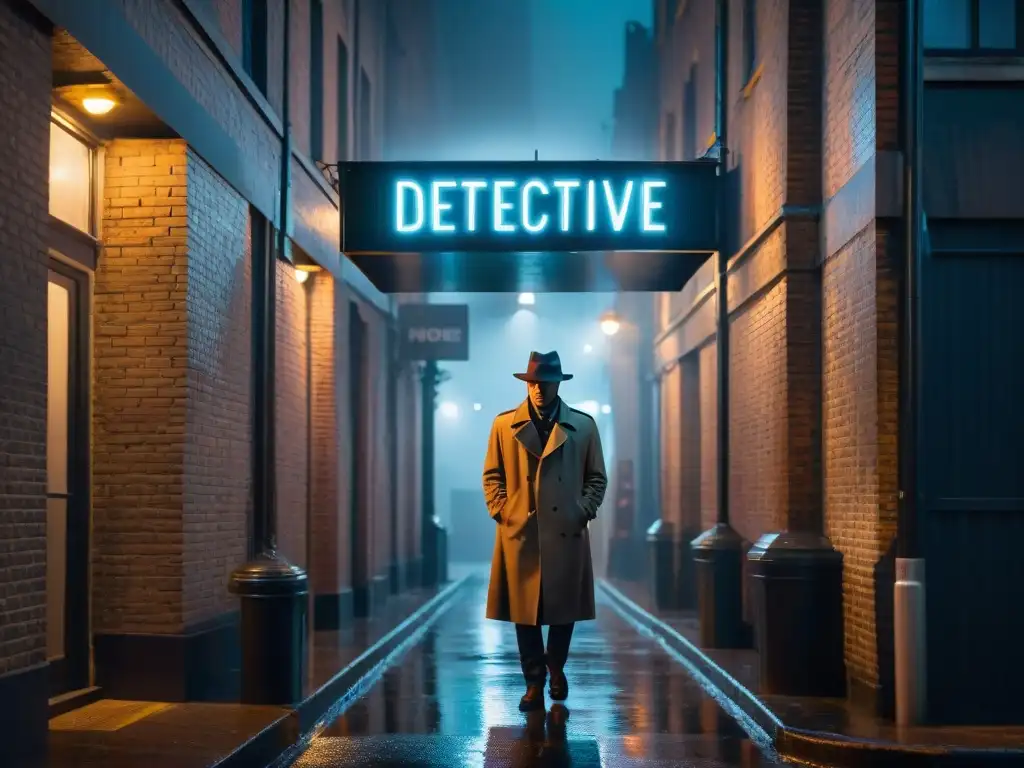 Un callejón misterioso de noche con un detective y letrero de 'Detective Agency'