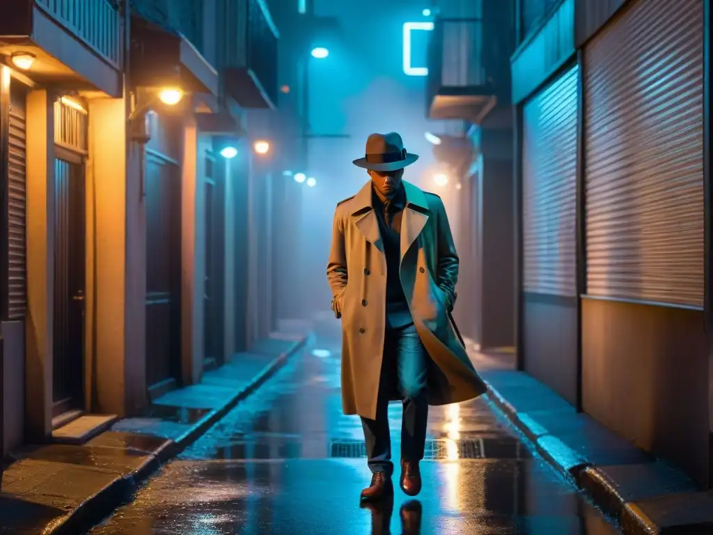 Un callejón misterioso de noche en un entorno urbano, iluminado por la tenue luz de una farola parpadeante