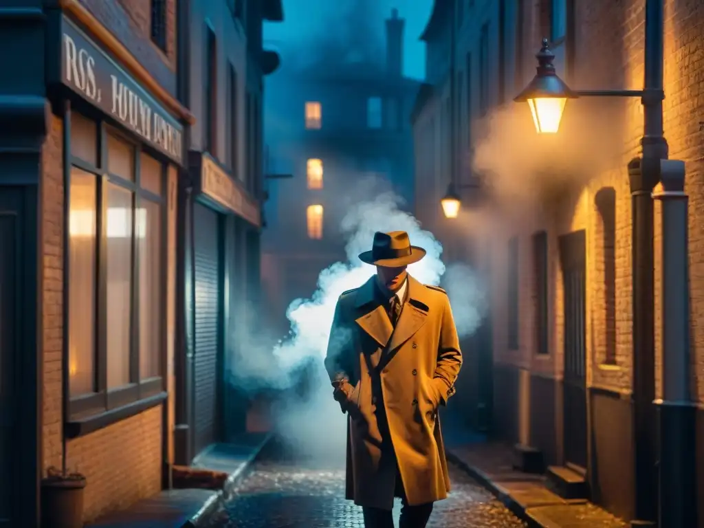 Un callejón misterioso de noche, iluminado por una farola, con una figura en silueta fumando