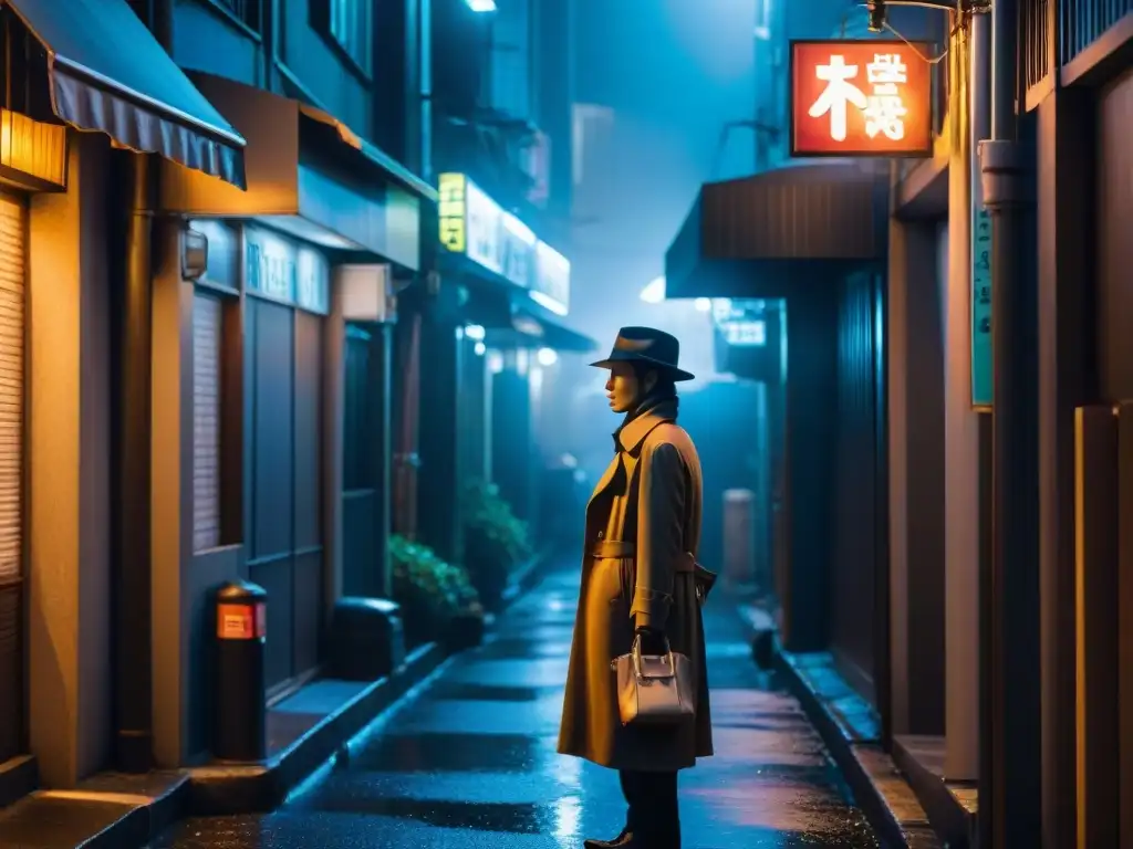 Un callejón misterioso de Tokio en la noche, luces de neón reflejadas en el pavimento húmedo, sombras inquietantes