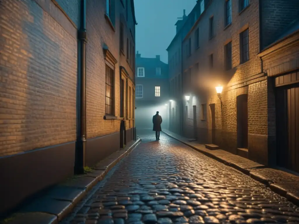 Un callejón misterioso de noche con luz tenue de farolas, reflejos en el suelo mojado y sombras