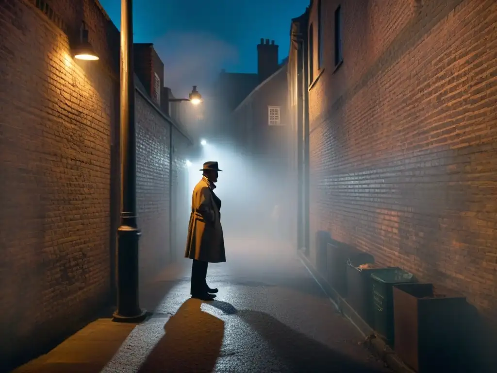 Un callejón misterioso de noche con neblina, una figura en sombra bajo la luz de una farola