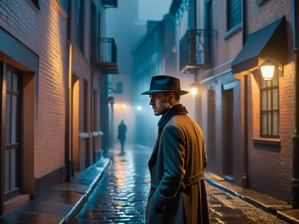 Un callejón misterioso y sombrío de noche, iluminado por la tenue luz de una farola parpadeante