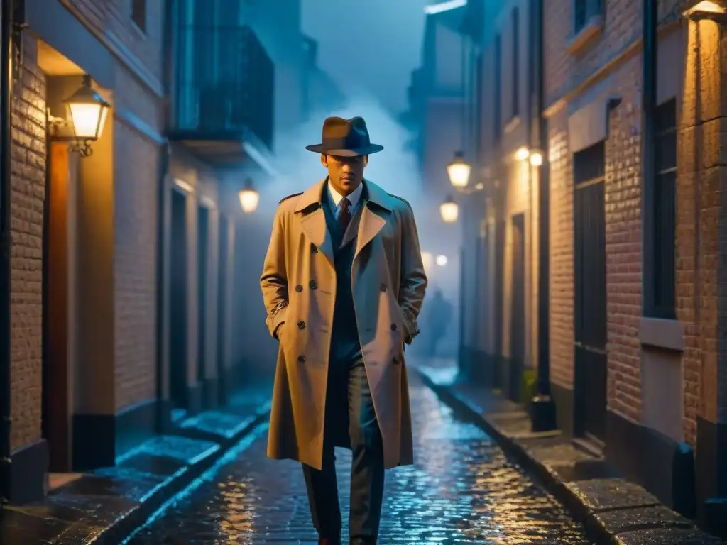 Un callejón misterioso y sombrío de noche, iluminado por la luz tenue de una farola parpadeante