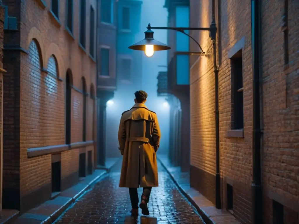 Un callejón misterioso y sombrío de noche, con figuras en las sombras y un personaje solitario bajo la luz de una farola parpadeante