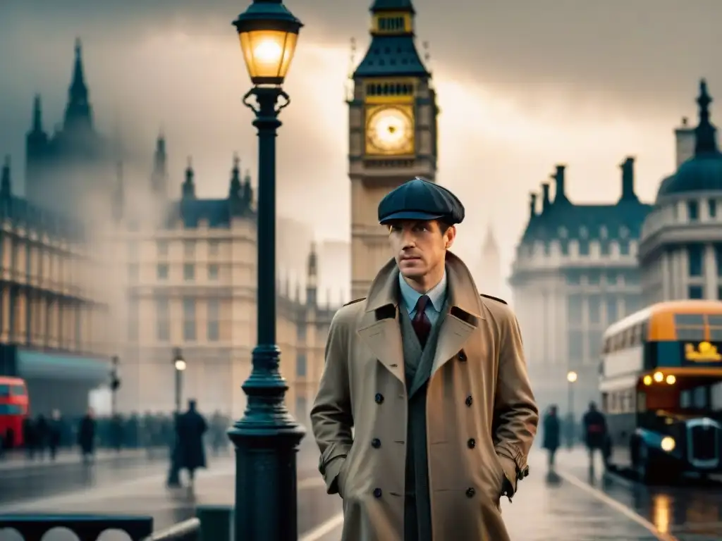 Sherlock Holmes en un callejón neblinoso de Londres, con Big Ben de fondo, evocando la atmósfera de las adaptaciones musicales