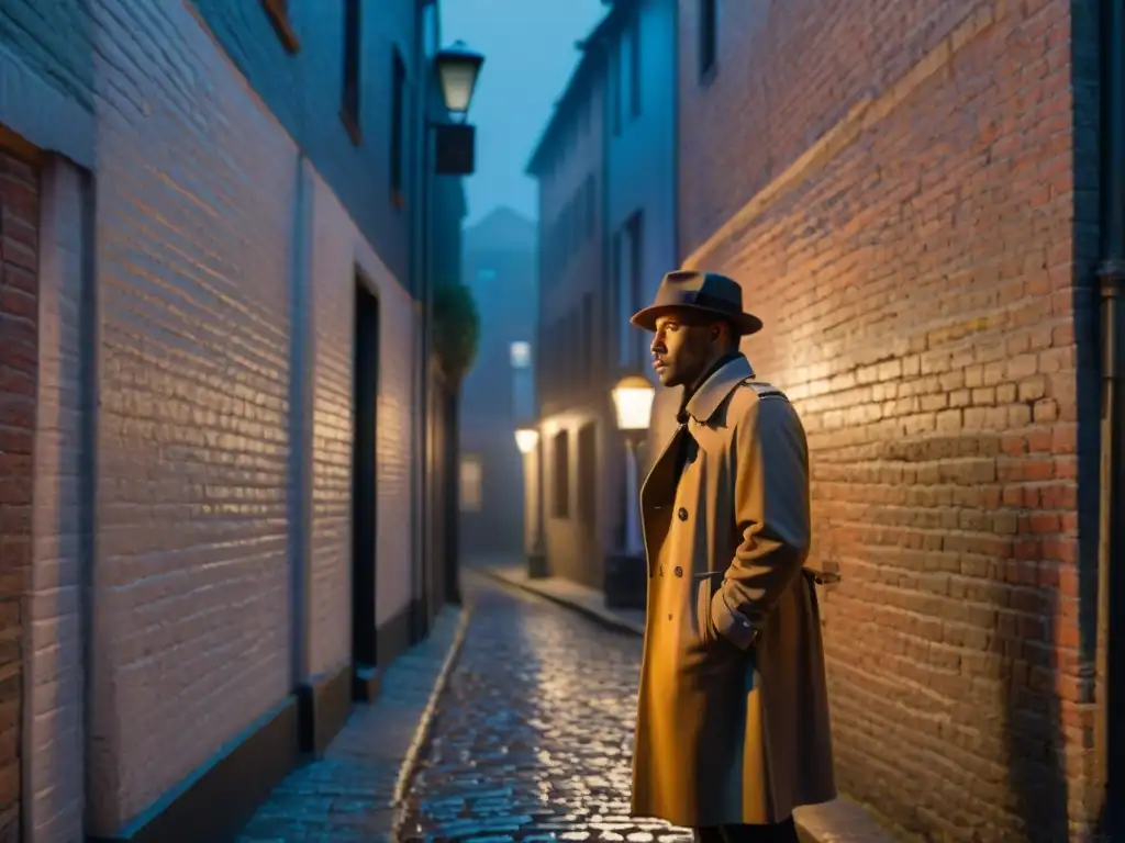 Escena de cine noir: misterio en el callejón Un callejón de noche, iluminado por una farola parpadeante, con sombras alargadas en adoquines mojados