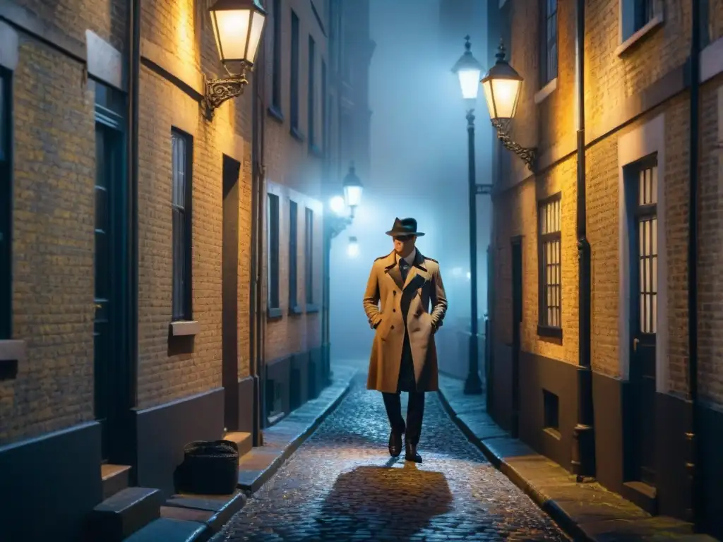 Un callejón lúgubre de Londres de noche, con neblina y una lámpara de calle