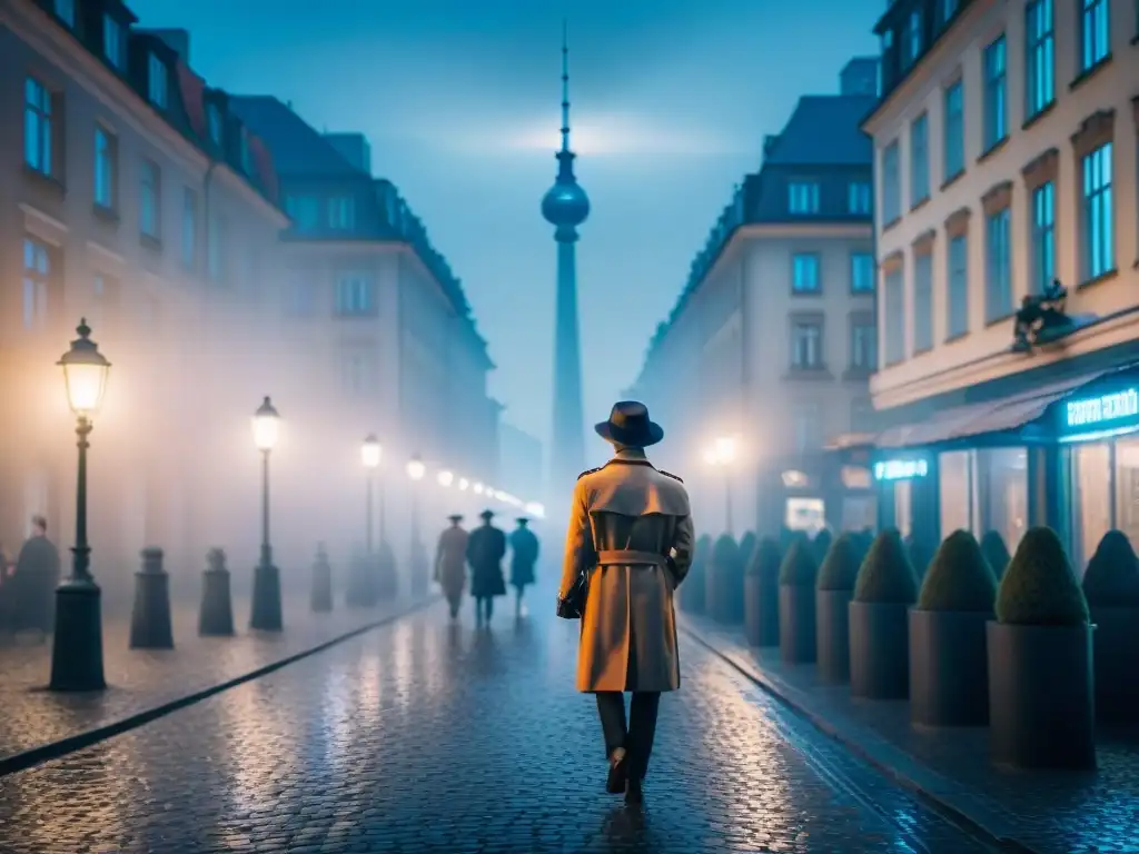 Un callejón de Berlín de noche, con neblina y misterio