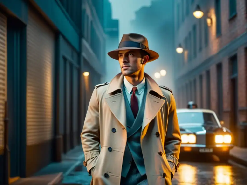 Escena nocturna de cine negro: detective en callejón sombrío Un callejón nocturno en ambiente noir con un detective junto a un auto vintage bajo la luz de una farola