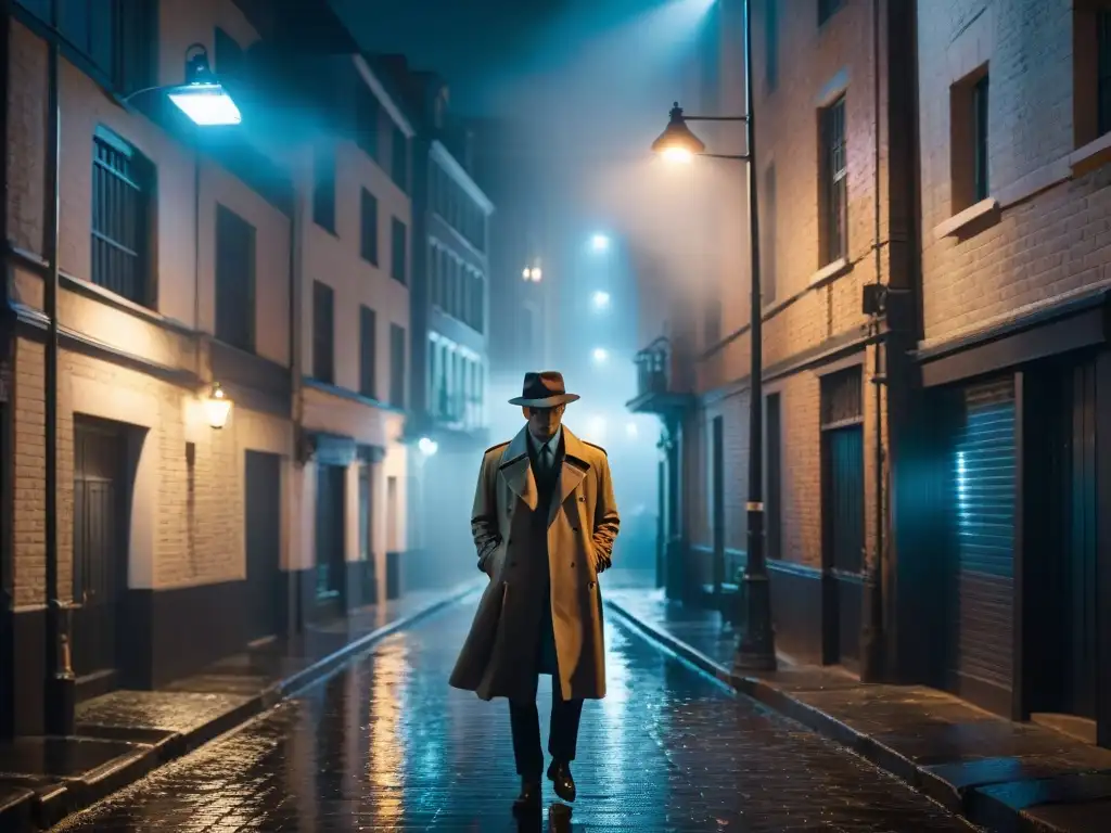 Un callejón nocturno con un detective en gabardina y sombrero bajo la luz de un farol, reflejando el estilo de 'Detectives icónicos en cine'