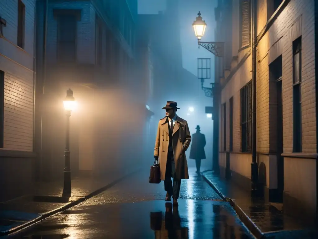 Ambientación en ficción detectives: Callejón nocturno envuelto en niebla, detective en sombra investigando escena de crimen